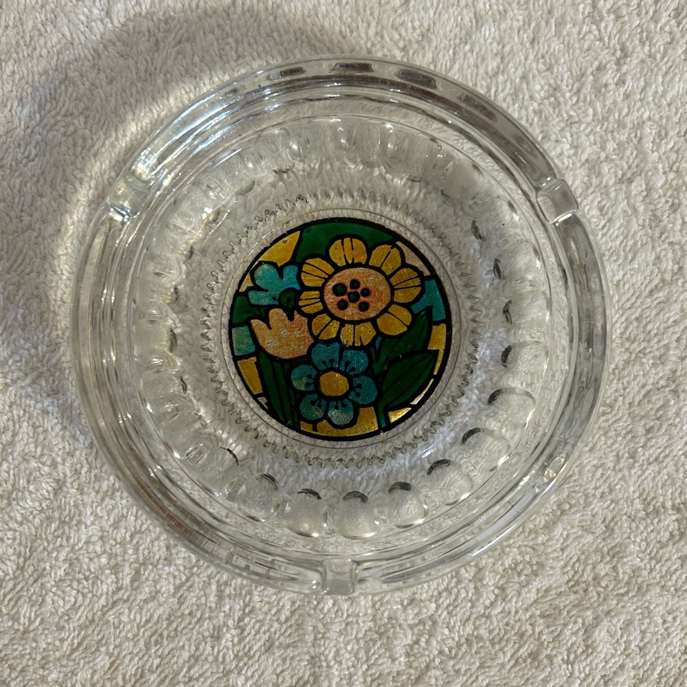 Vintage 1970’s Floral Foil Glass Ashtray with Stained Glass Design
